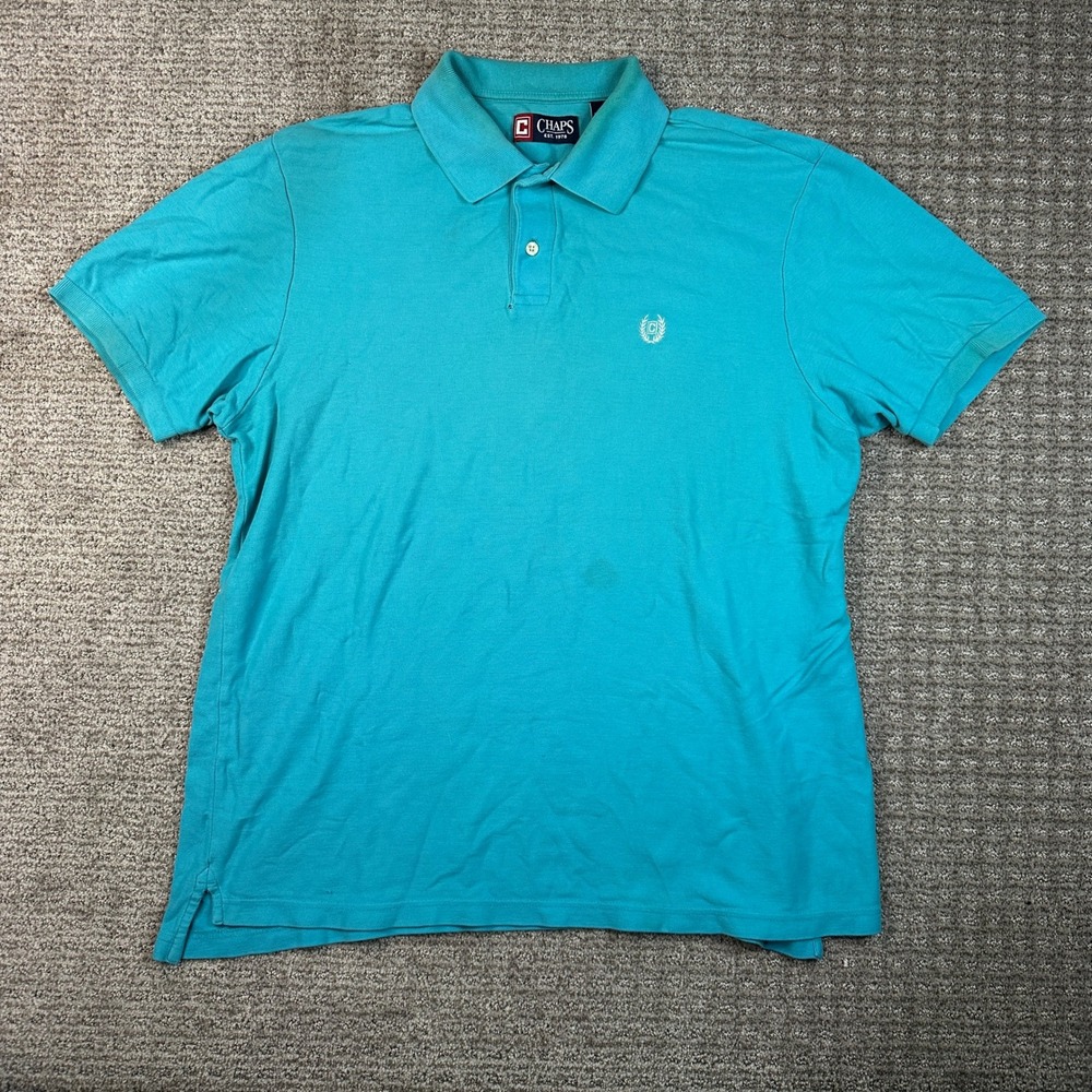 Chaps Mens Short Sleeve Pique Polo Shirt Turquoise Blue Cotton Crest Logo Large